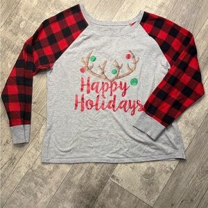 Plaid Sleeve Happy Holidays Top